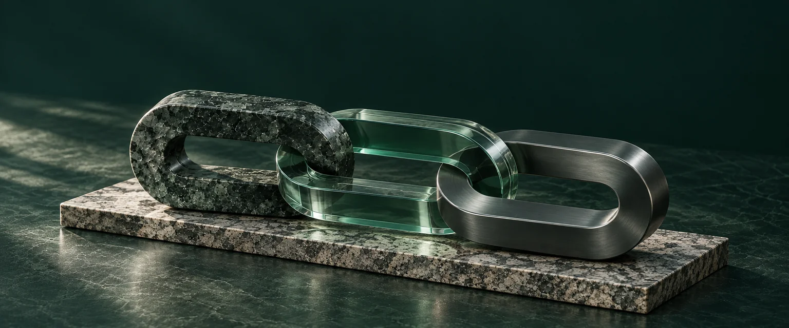 Three interlinked forms in granite, glass and metal on a shared granite foundation: Complior's chain of trust.