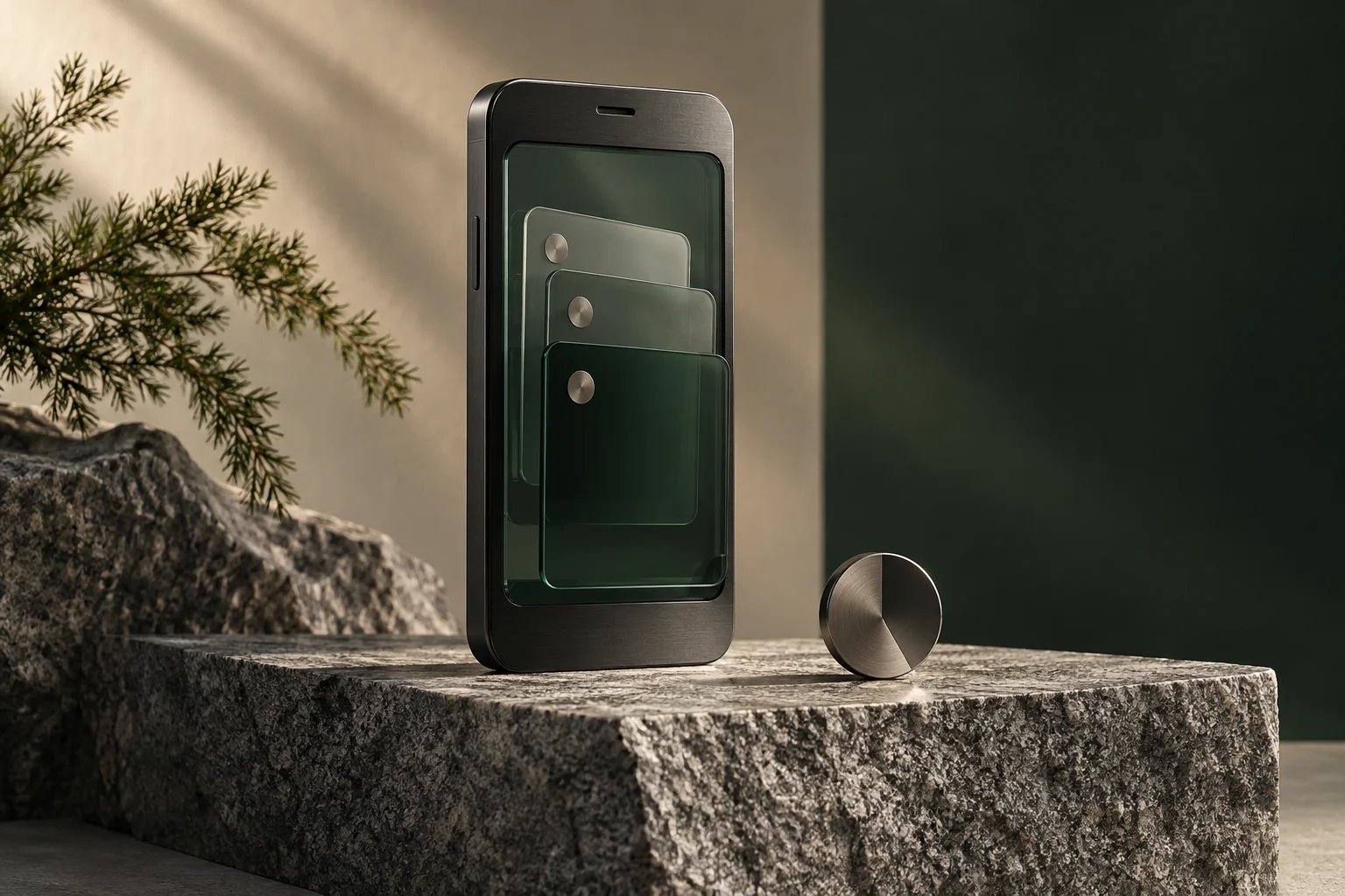 A phone, payment card and metal forms on granite.