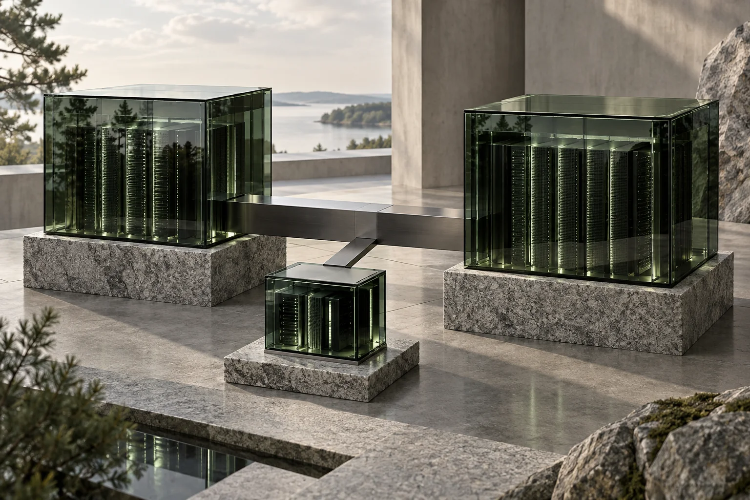 Two connected environments and a separate control module on granite.