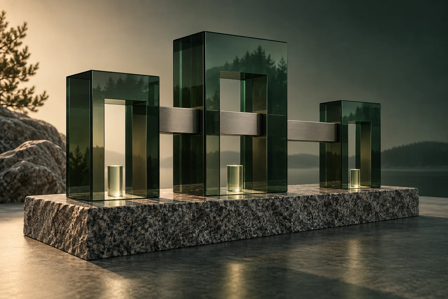 Three glass portals linked by a controlled connection.