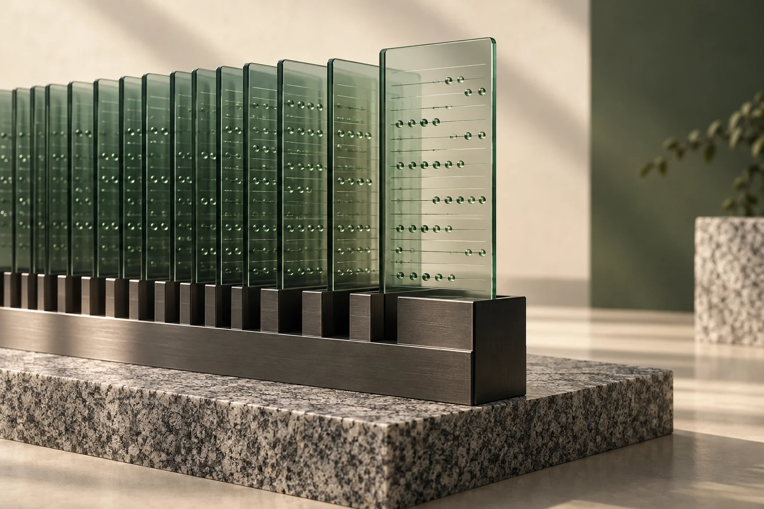 Structured glass information panels on a stable granite base.