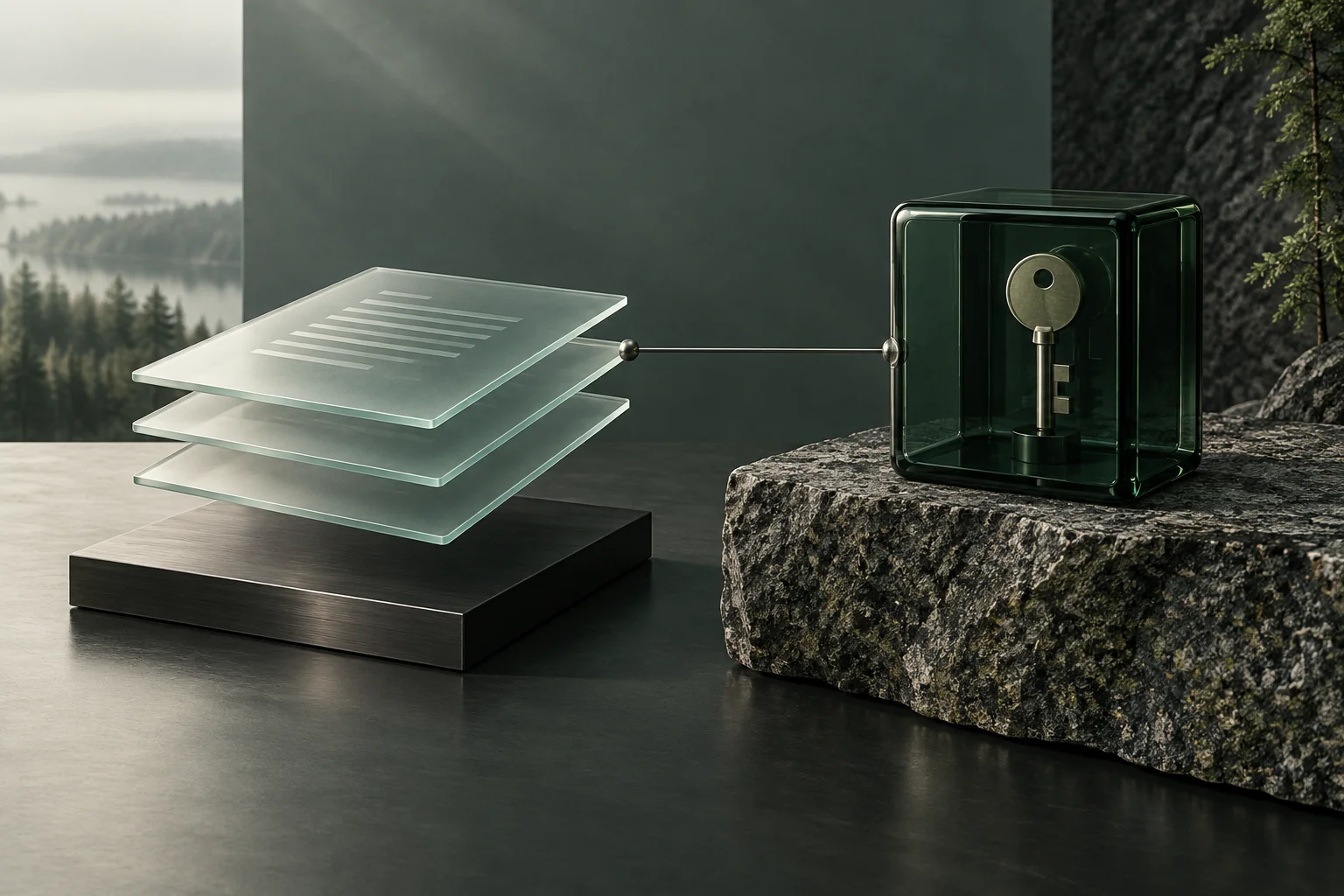Glass layers representing documents, connected to a separate key module on granite.