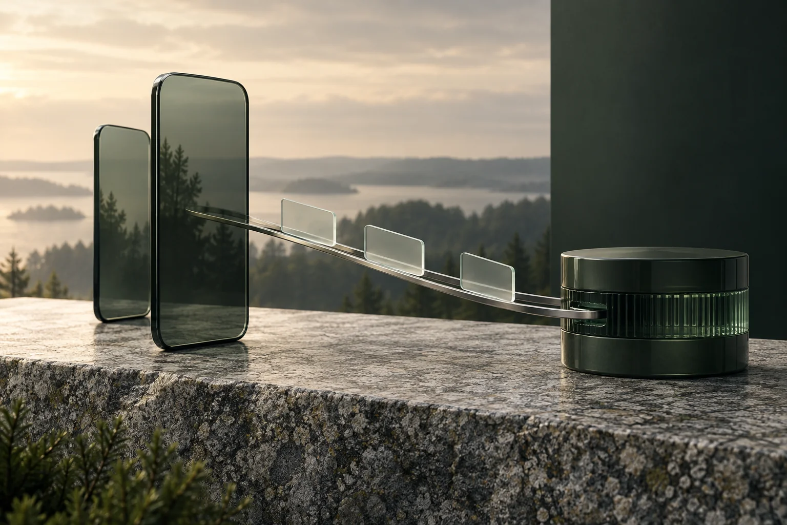 Two phone shapes and message planes connected to infrastructure.