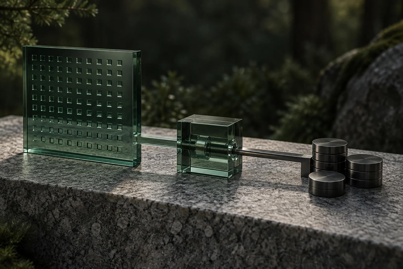 A transparent data disc and separate metal tokens around a glass module.