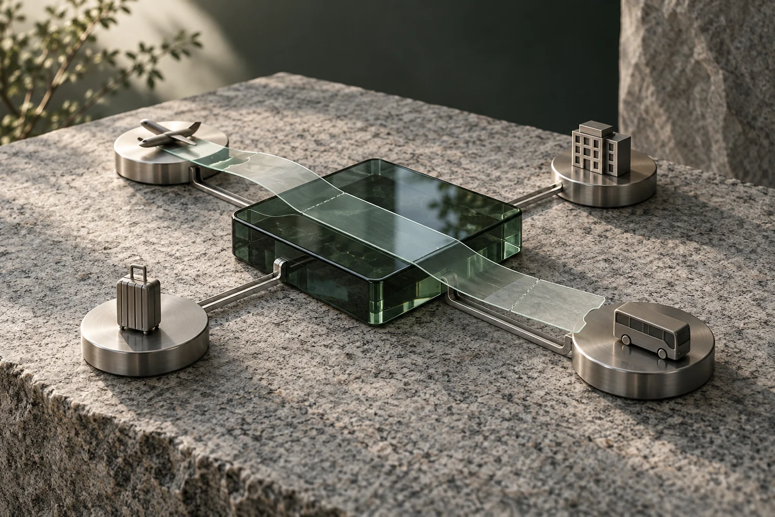 Interconnected travel functions around a shared glass module.