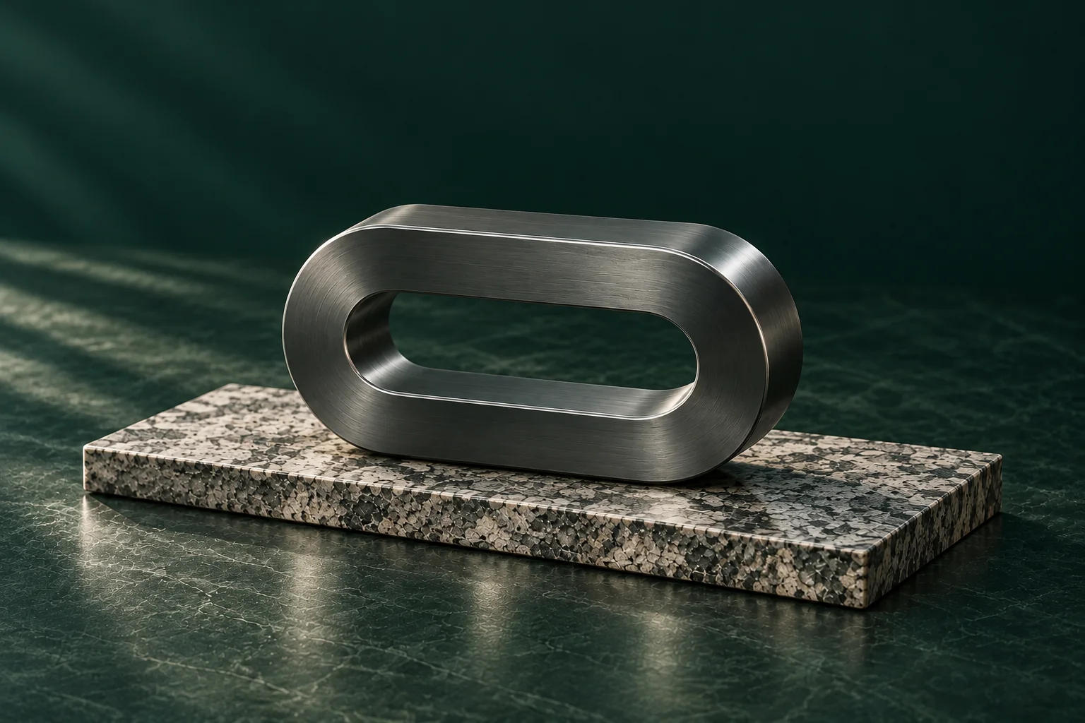 A brushed-metal link on a granite base, from Complior's chain of trust.