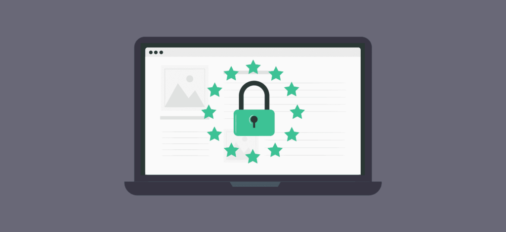 Cartoon image of an GDPR icon on a laptop