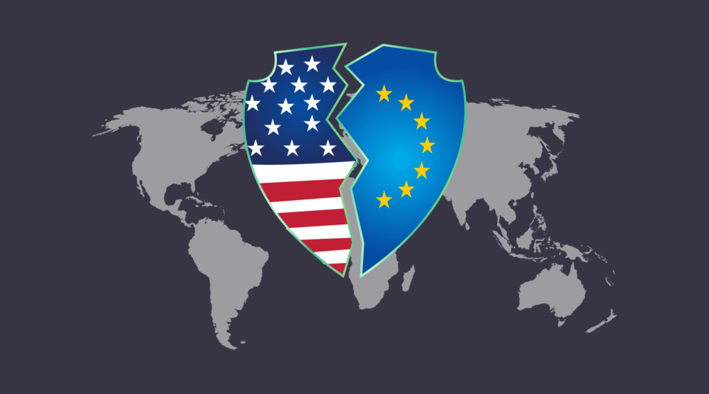 World map with EU and US flag breaking apart