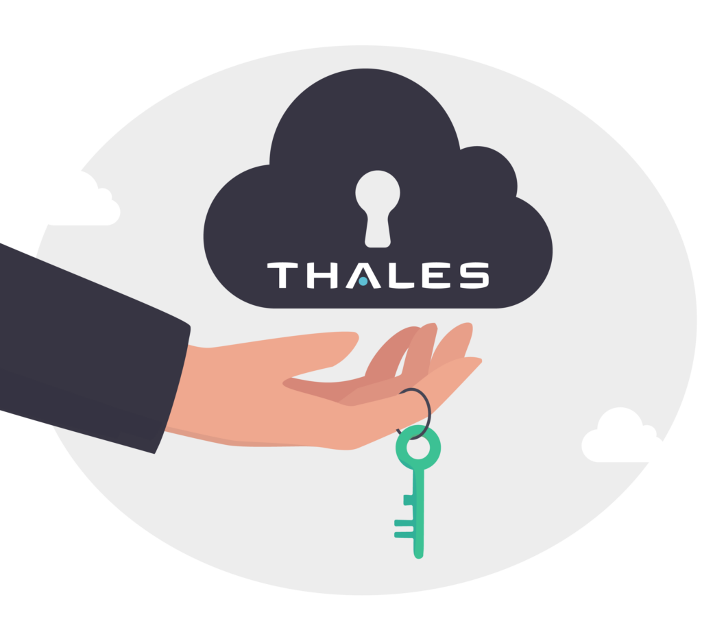 A hand holding an encryption key from Thales