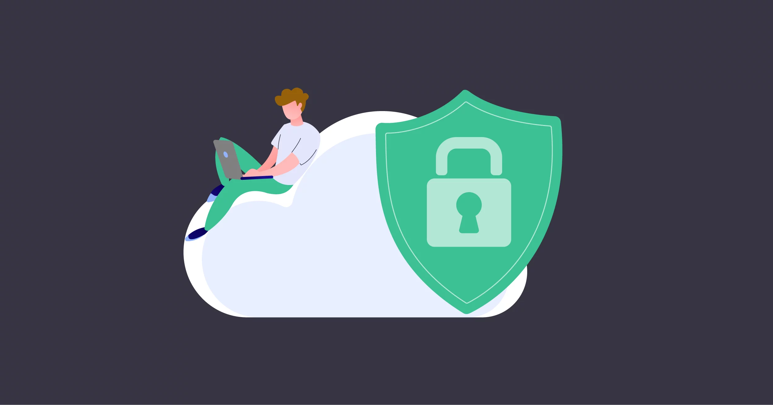Centralized key management shown by man sitting on a cloud working on laptop with security icon on cloud