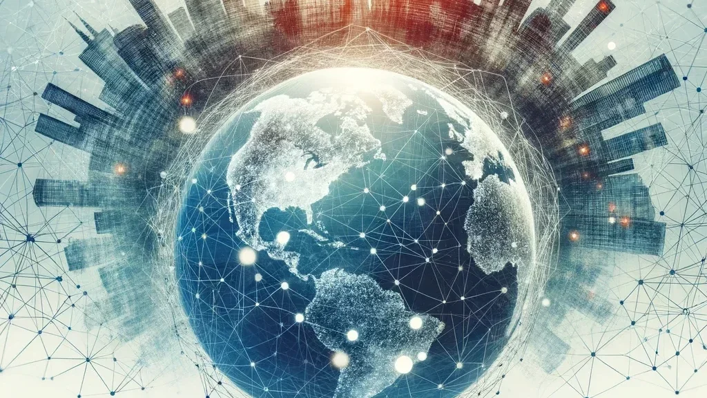 A stylized image of the Earth with network lines and dots representing global presence, prominently in the background