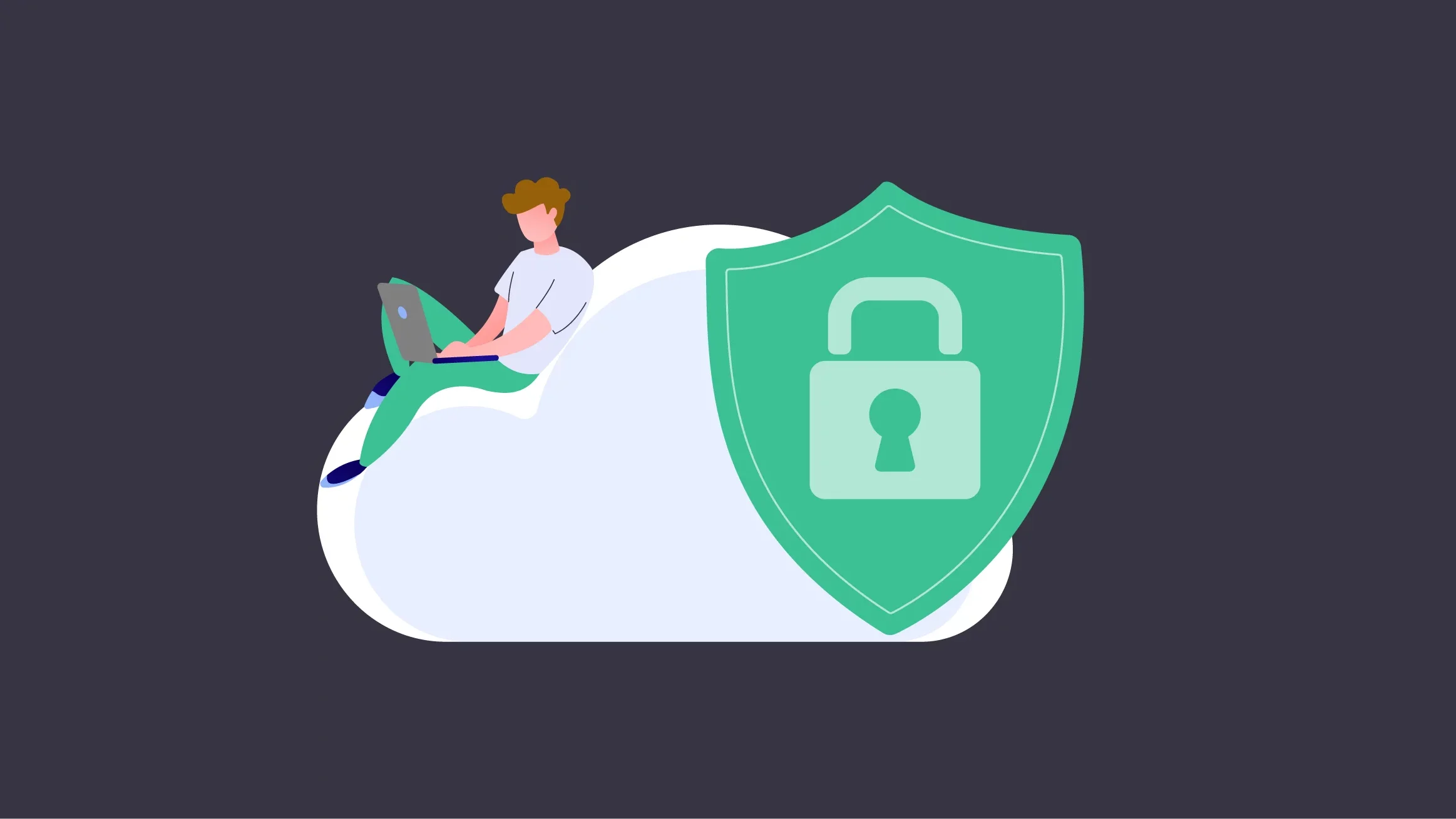 Centralized key management shown by man sitting on a cloud working on laptop with security icon on cloud