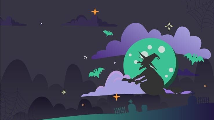 a halloween image with a witch on a broom in front of the moon