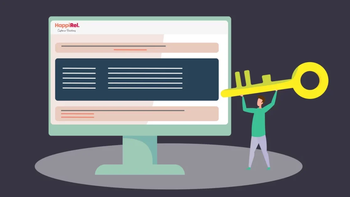 Man holding a encryption key in front of a laptop open on HappiRel website