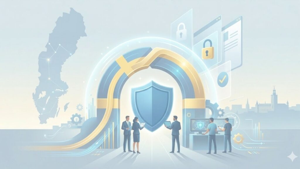 Illustration av cybersäkerhetslagen i Sverige med säkerhetstjänster som skyddar data och uppfyller NIS2-krav