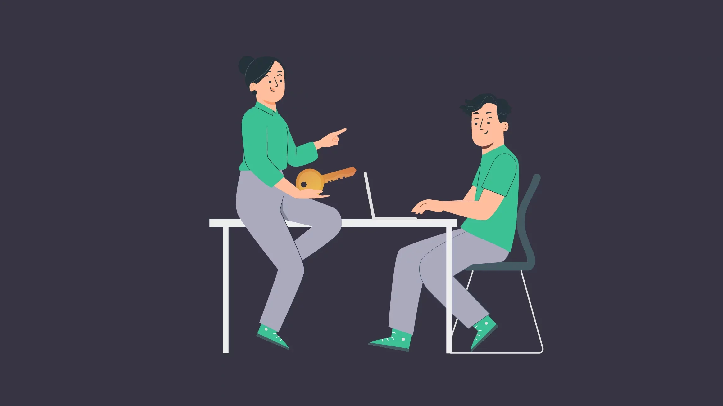 2 people talking about HSM, one is holding a key and one is working on a laptop