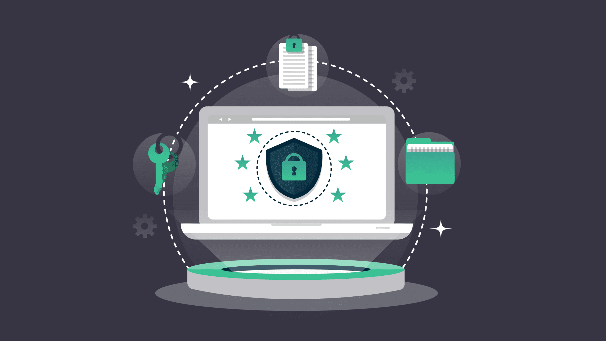 image of laptop with privacy and security icons around