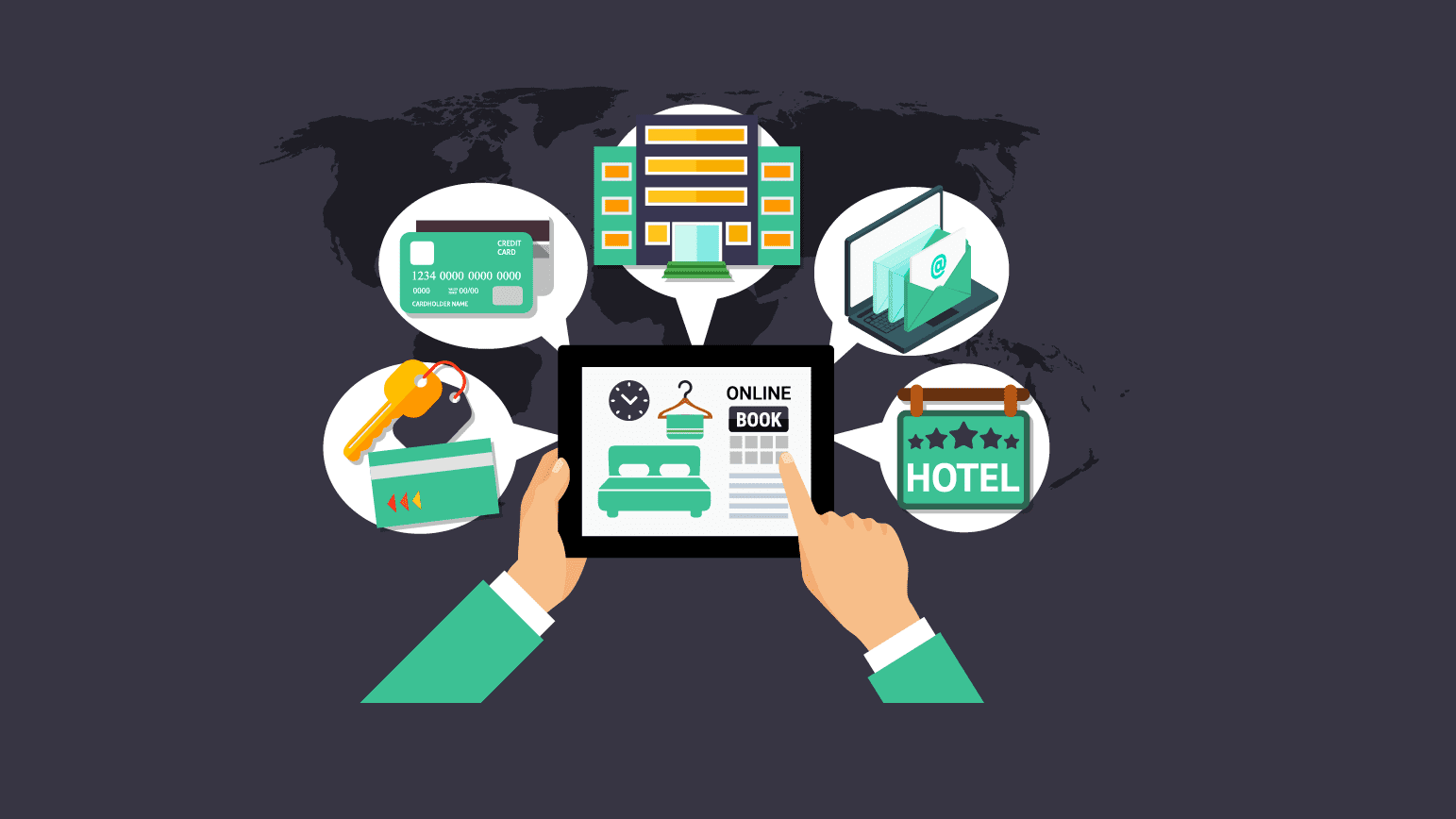 hand holding a tablet with icons of different parts of hotel chain around