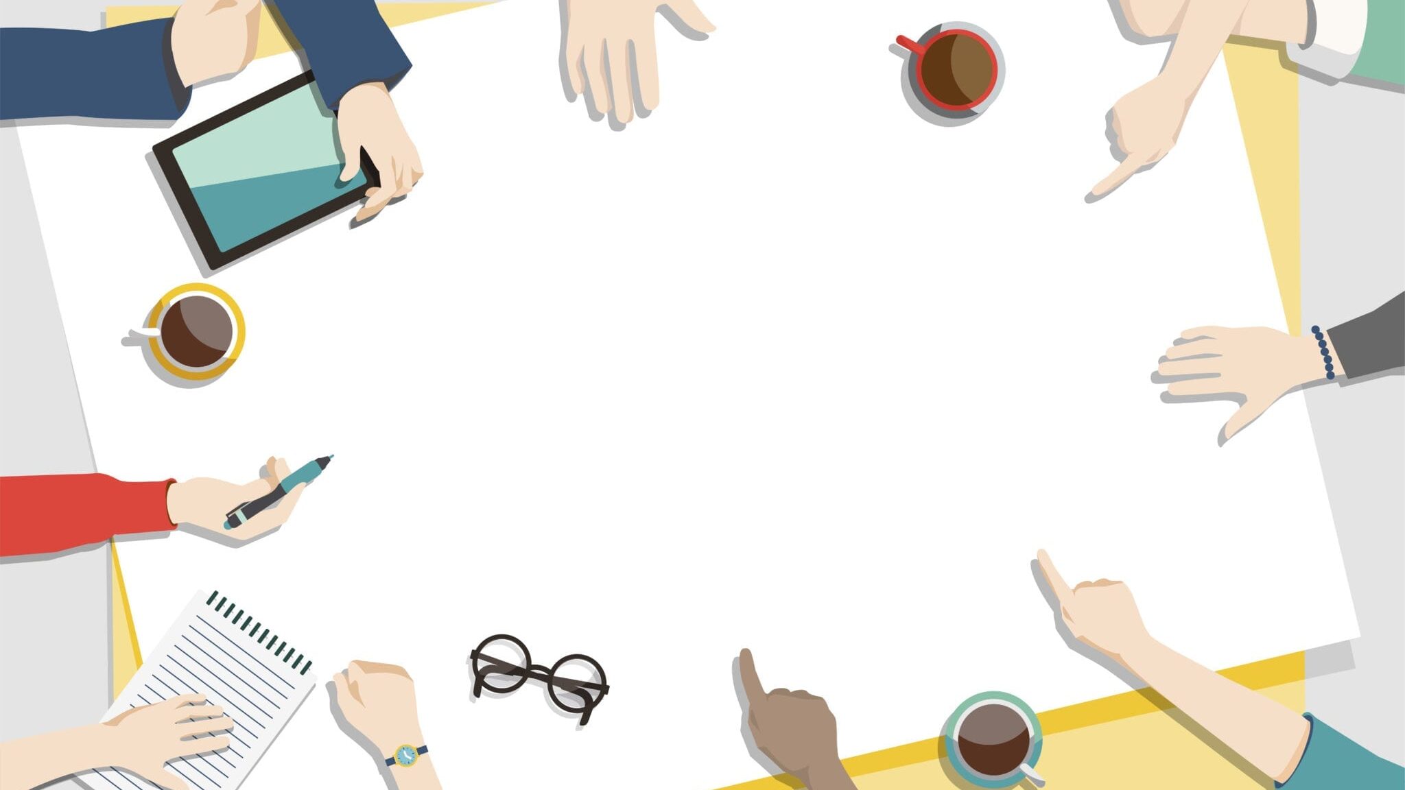 cartoon image of several people working around a table, seen from above